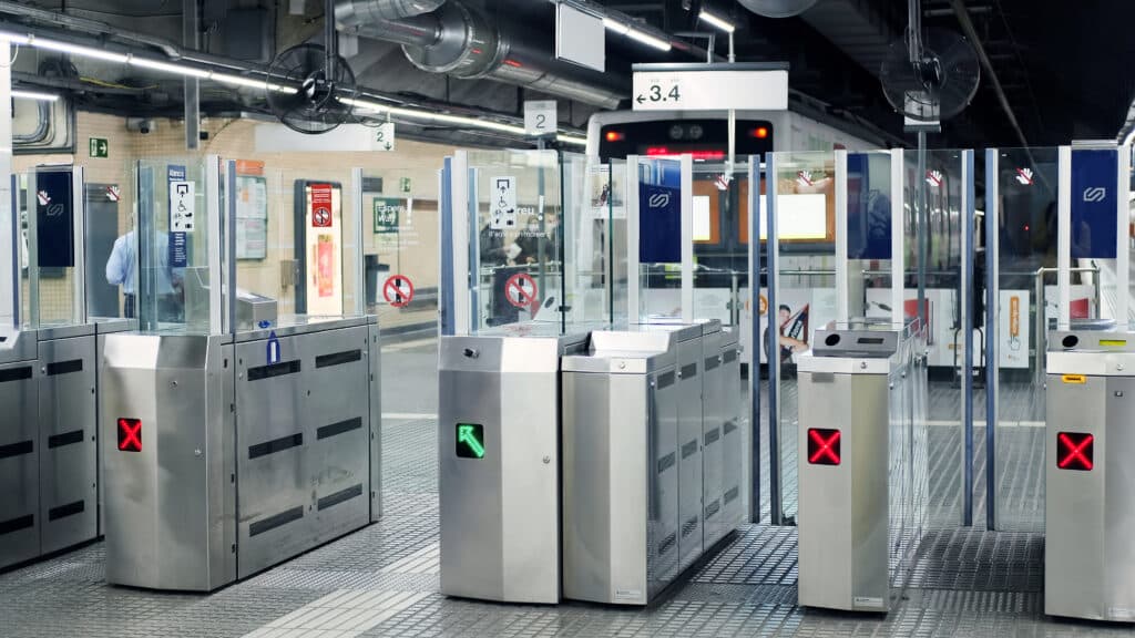 Row of RFID gate opener in airport of Barcelona, Spain