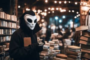 a thief wearing an alien mask stealing a book from a library